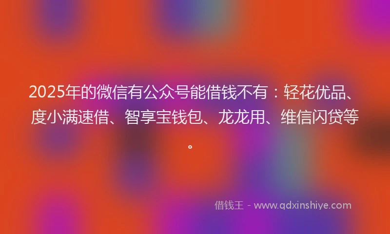 2025年的微信有公众号能借钱不有：轻花优品、度小满速借、智享宝钱包、龙龙用、维信闪贷等。