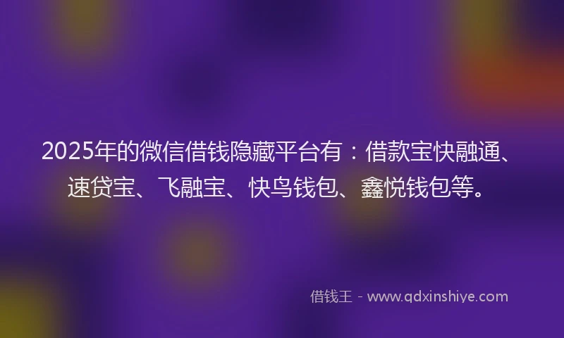 2025年的微信借钱隐藏平台有：借款宝快融通、速贷宝、飞融宝、快鸟钱包、鑫悦钱包等。
