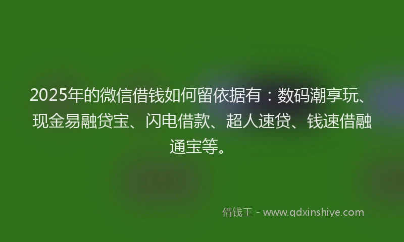 2025年的微信借钱如何留依据有：数码潮享玩、现金易融贷宝、闪电借款、超人速贷、钱速借融通宝等。