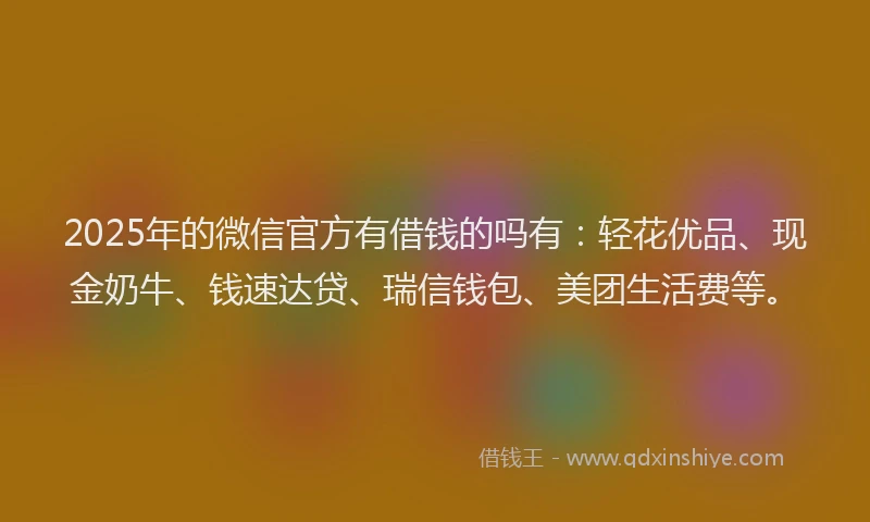 2025年的微信官方有借钱的吗有：轻花优品、现金奶牛、钱速达贷、瑞信钱包、美团生活费等。
