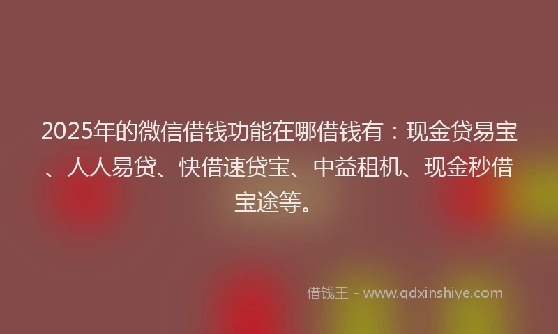 2025年的微信借钱功能在哪借钱有：现金贷易宝、人人易贷、快借速贷宝、中益租机、现金秒借宝途等。