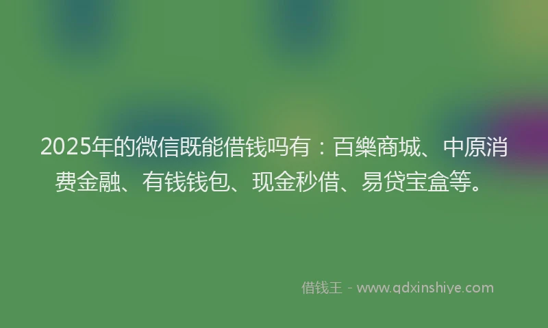 2025年的微信既能借钱吗有：百樂商城、中原消费金融、有钱钱包、现金秒借、易贷宝盒等。