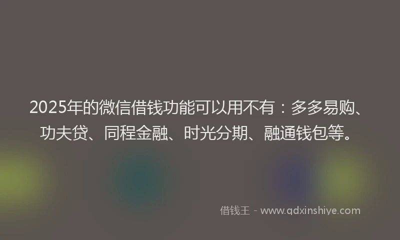 2025年的微信借钱功能可以用不有：多多易购、功夫贷、同程金融、时光分期、融通钱包等。