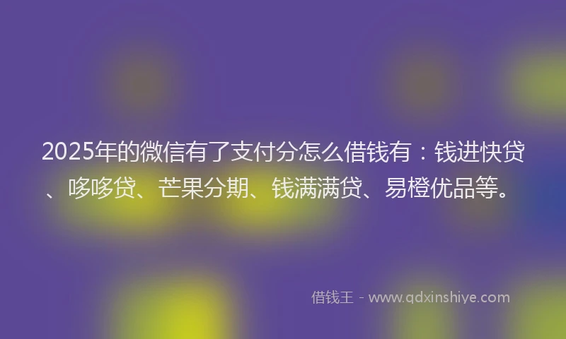 2025年的微信有了支付分怎么借钱有：钱进快贷、哆哆贷、芒果分期、钱满满贷、易橙优品等。