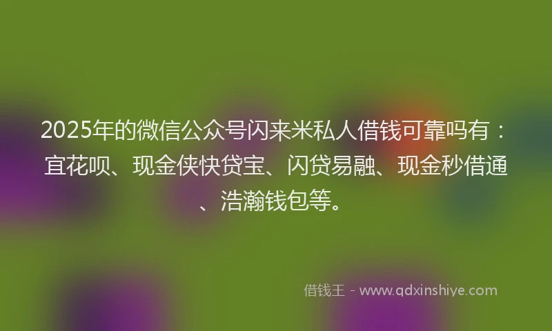 2025年的微信公众号闪来米私人借钱可靠吗有：宜花呗、现金侠快贷宝、闪贷易融、现金秒借通、浩瀚钱包等。