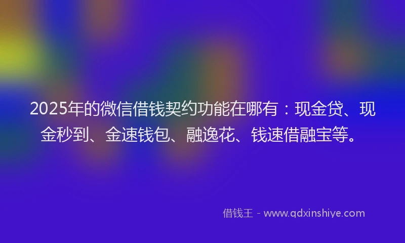 2025年的微信借钱契约功能在哪有：现金贷、现金秒到、金速钱包、融逸花、钱速借融宝等。