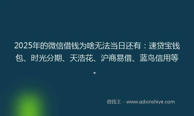2025年的微信借钱为啥无法当日还有：速贷宝钱包、时光分期、天浩花、沪商易借、蓝鸟信用等。