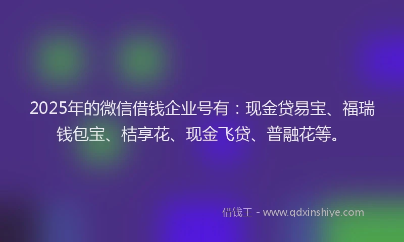 2025年的微信借钱企业号有：现金贷易宝、福瑞钱包宝、桔享花、现金飞贷、普融花等。