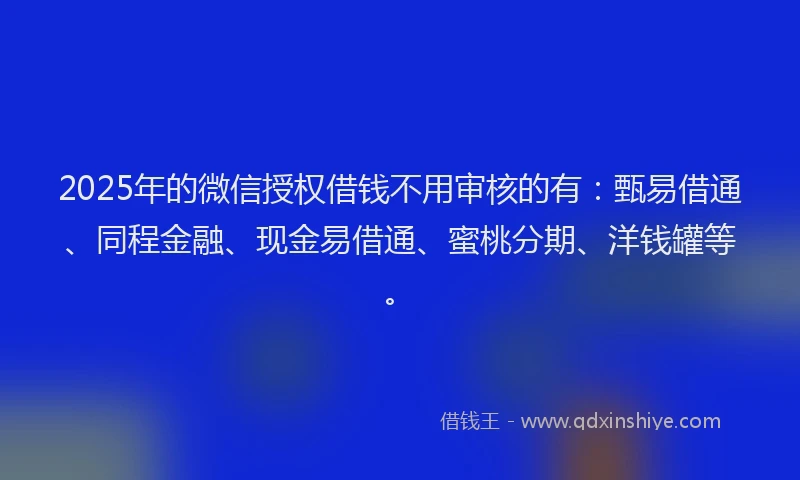 2025年的微信授权借钱不用审核的有：甄易借通、同程金融、现金易借通、蜜桃分期、洋钱罐等。