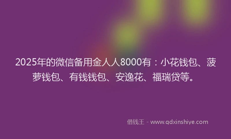2025年的微信备用金人人8000有：小花钱包、菠萝钱包、有钱钱包、安逸花、福瑞贷等。