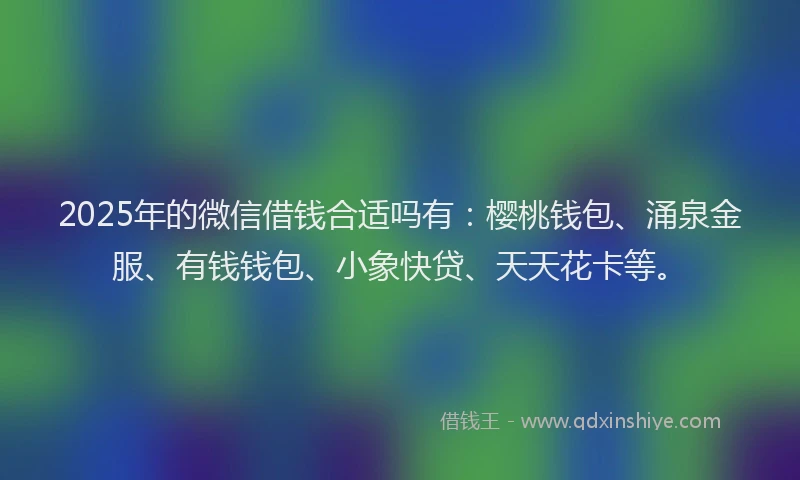 2025年的微信借钱合适吗有：樱桃钱包、涌泉金服、有钱钱包、小象快贷、天天花卡等。