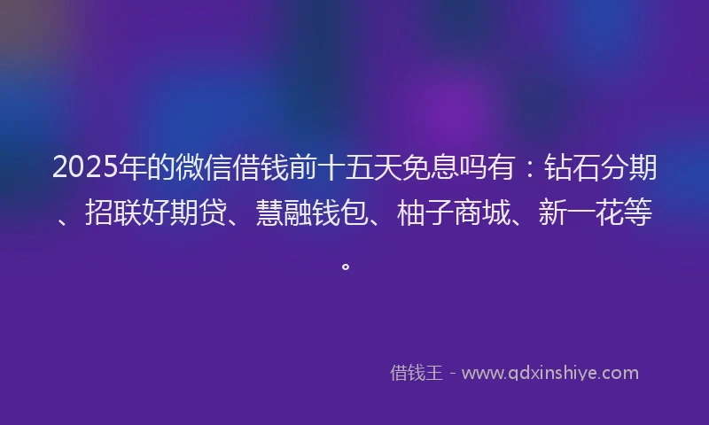 2025年的微信借钱前十五天免息吗有：钻石分期、招联好期贷、慧融钱包、柚子商城、新一花等。