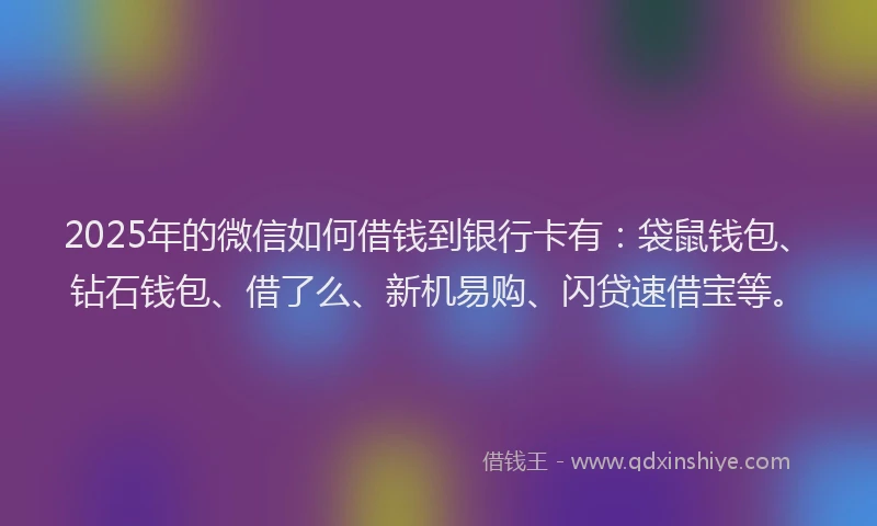 2025年的微信如何借钱到银行卡有：袋鼠钱包、钻石钱包、借了么、新机易购、闪贷速借宝等。