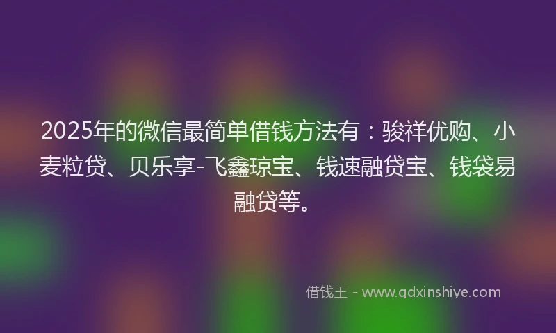 2025年的微信最简单借钱方法有：骏祥优购、小麦粒贷、贝乐享-飞鑫琼宝、钱速融贷宝、钱袋易融贷等。