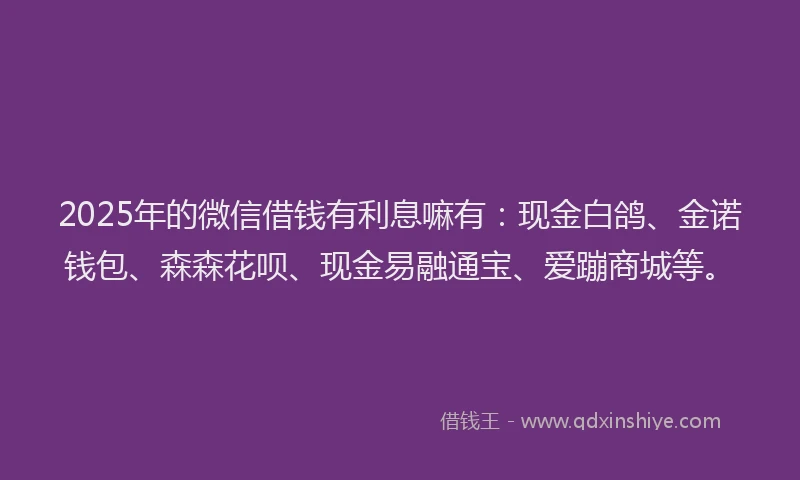 2025年的微信借钱有利息嘛有：现金白鸽、金诺钱包、森森花呗、现金易融通宝、爱蹦商城等。