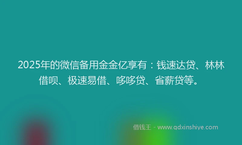2025年的微信备用金金亿享有：钱速达贷、林林借呗、极速易借、哆哆贷、省薪贷等。