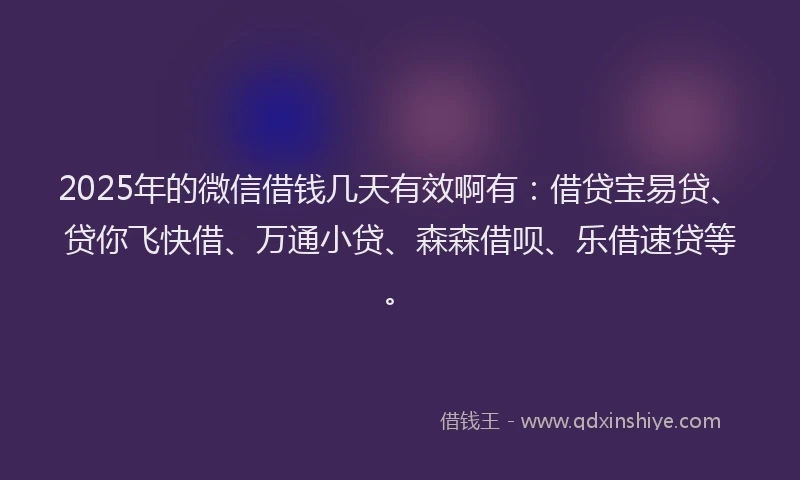 2025年的微信借钱几天有效啊有：借贷宝易贷、贷你飞快借、万通小贷、森森借呗、乐借速贷等。