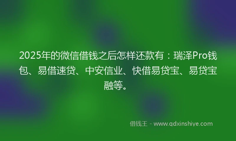 2025年的微信借钱之后怎样还款有：瑞泽Pro钱包、易借速贷、中安信业、快借易贷宝、易贷宝融等。