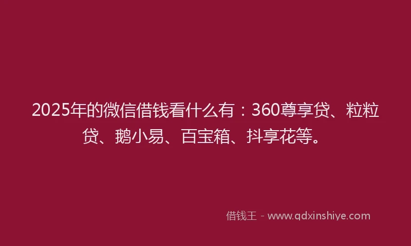 2025年的微信借钱看什么有：360尊享贷、粒粒贷、鹅小易、百宝箱、抖享花等。