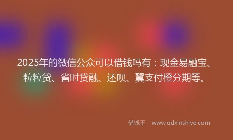 2025年的微信公众可以借钱吗有：现金易融宝、粒粒贷、省时贷融、还呗、翼支付橙分期等。