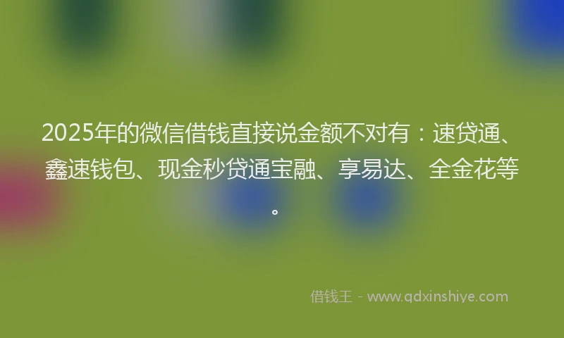 2025年的微信借钱直接说金额不对有：速贷通、鑫速钱包、现金秒贷通宝融、享易达、全金花等。