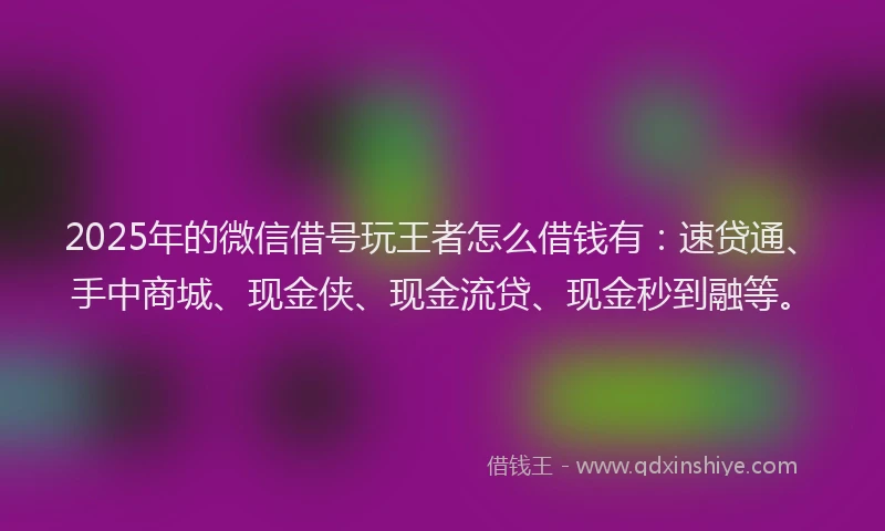 2025年的微信借号玩王者怎么借钱有：速贷通、手中商城、现金侠、现金流贷、现金秒到融等。