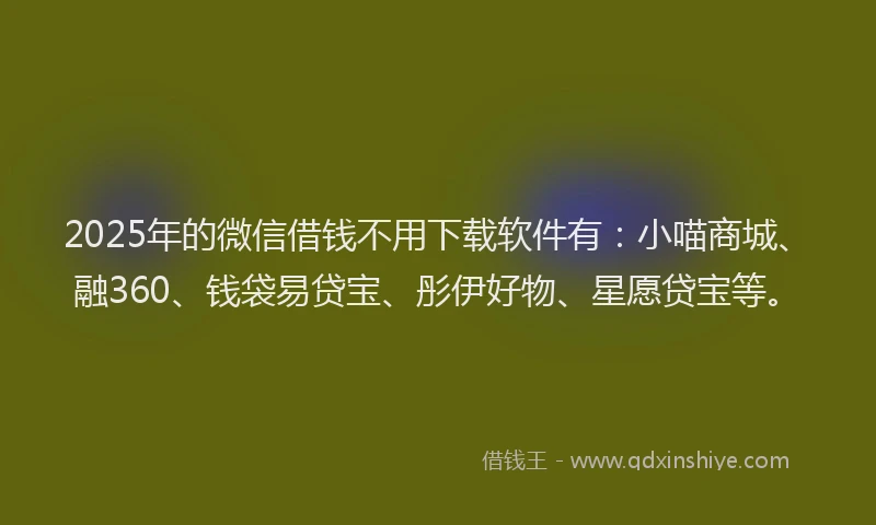 2025年的微信借钱不用下载软件有：小喵商城、融360、钱袋易贷宝、彤伊好物、星愿贷宝等。