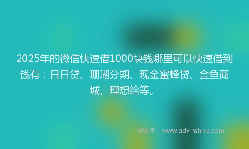 2025年的微信快速借1000块钱哪里可以快速借到钱有：日日贷、珊瑚分期、现金蜜蜂贷、金鱼商城、理想给等。