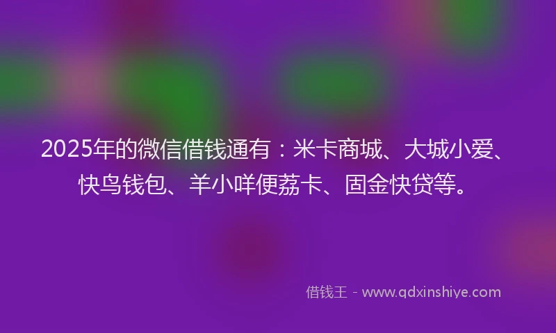 2025年的微信借钱通有：米卡商城、大城小爱、快鸟钱包、羊小咩便荔卡、固金快贷等。