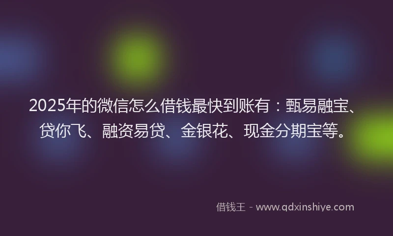 2025年的微信怎么借钱最快到账有：甄易融宝、贷你飞、融资易贷、金银花、现金分期宝等。