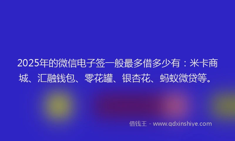 2025年的微信电子签一般最多借多少有：米卡商城、汇融钱包、零花罐、银杏花、蚂蚁微贷等。