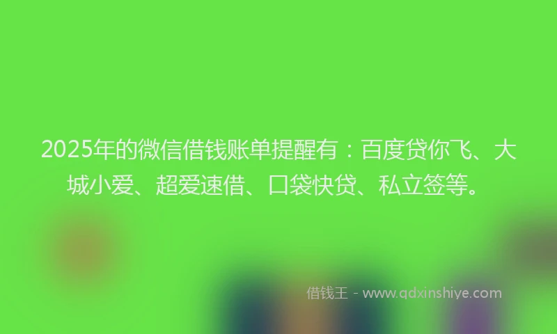 2025年的微信借钱账单提醒有：百度贷你飞、大城小爱、超爱速借、口袋快贷、私立签等。