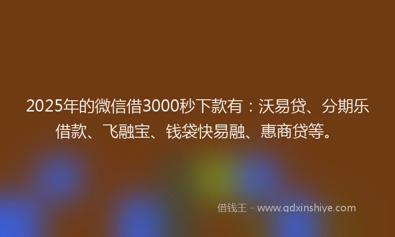 2025年的微信借3000秒下款有：沃易贷、分期乐借款、飞融宝、钱袋快易融、惠商贷等。