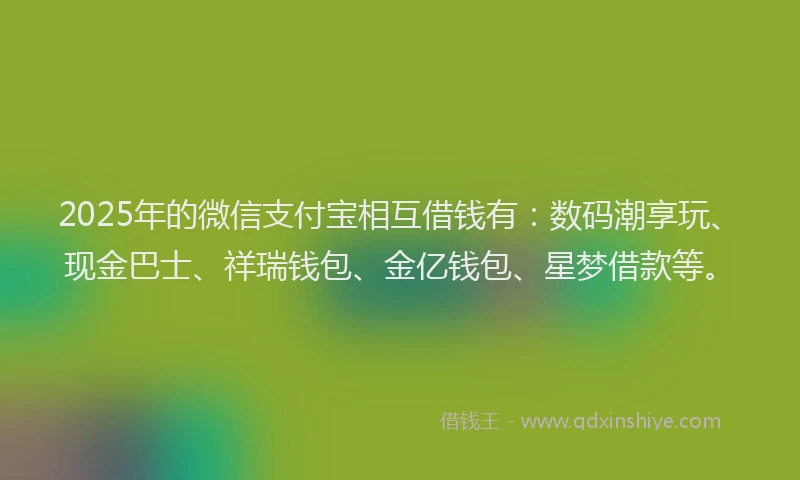 2025年的微信支付宝相互借钱有：数码潮享玩、现金巴士、祥瑞钱包、金亿钱包、星梦借款等。