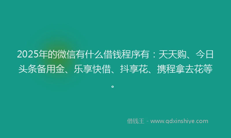 2025年的微信有什么借钱程序有：天天购、今日头条备用金、乐享快借、抖享花、携程拿去花等。