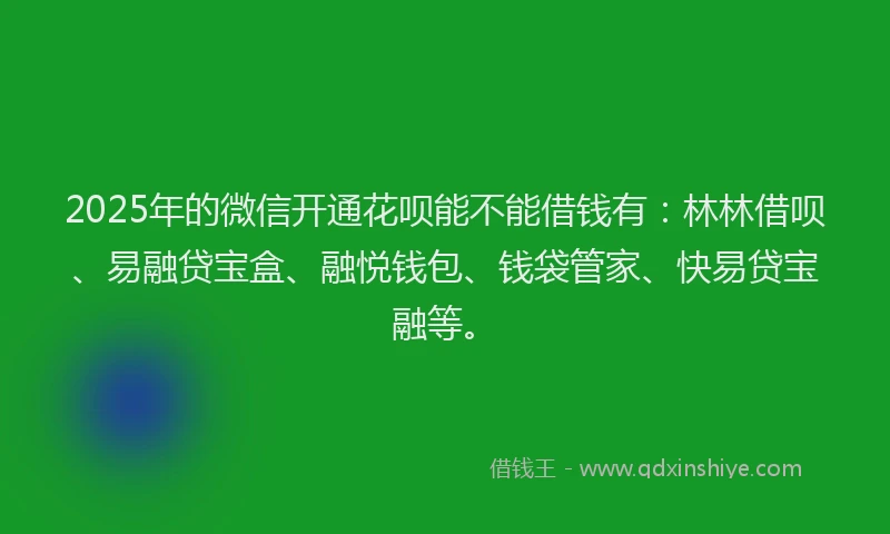2025年的微信开通花呗能不能借钱有：林林借呗、易融贷宝盒、融悦钱包、钱袋管家、快易贷宝融等。