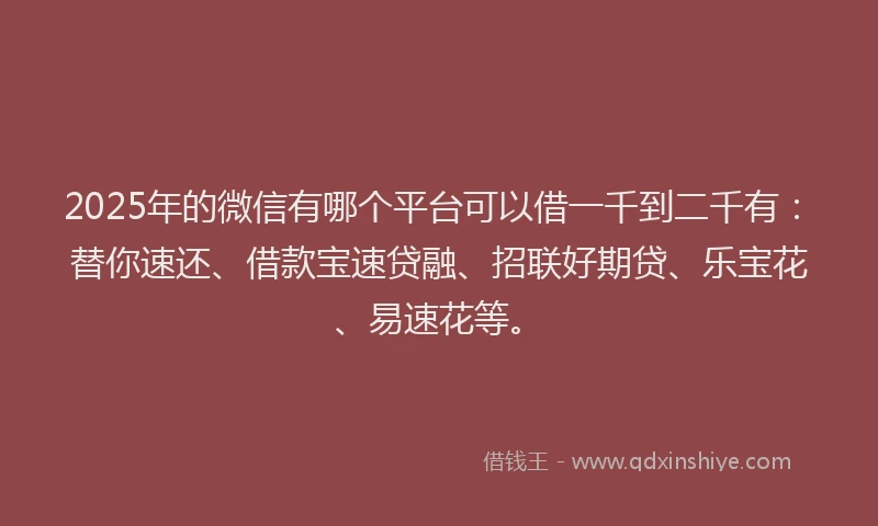 2025年的微信有哪个平台可以借一千到二千有:替你速还、借款宝速贷融、招联好期贷、乐宝花、易速花等。