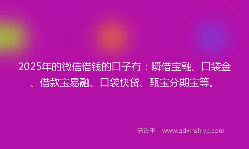 2025年的微信借钱的口子有：瞬借宝融、口袋金、借款宝易融、口袋快贷、甄宝分期宝等。