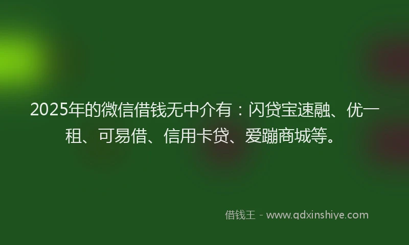 2025年的微信借钱无中介有：闪贷宝速融、优一租、可易借、信用卡贷、爱蹦商城等。