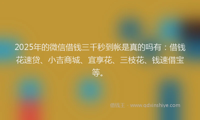 2025年的微信借钱三千秒到帐是真的吗有：借钱花速贷、小吉商城、宜享花、三枝花、钱速借宝等。