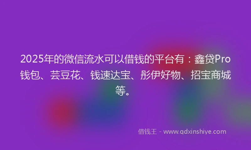 2025年的微信流水可以借钱的平台有：鑫贷Pro钱包、芸豆花、钱速达宝、彤伊好物、招宝商城等。