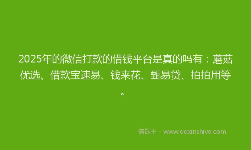 2025年的微信打款的借钱平台是真的吗有：蘑菇优选、借款宝速易、钱来花、甄易贷、拍拍用等。