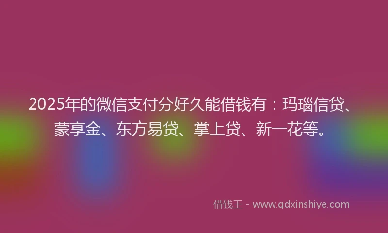 2025年的微信支付分好久能借钱有：玛瑙信贷、蒙享金、东方易贷、掌上贷、新一花等。