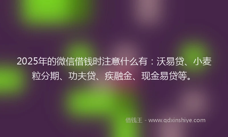 2025年的微信借钱时注意什么有：沃易贷、小麦粒分期、功夫贷、疾融金、现金易贷等。
