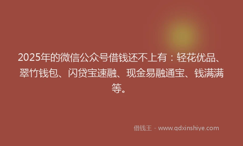2025年的微信公众号借钱还不上有：轻花优品、翠竹钱包、闪贷宝速融、现金易融通宝、钱满满等。