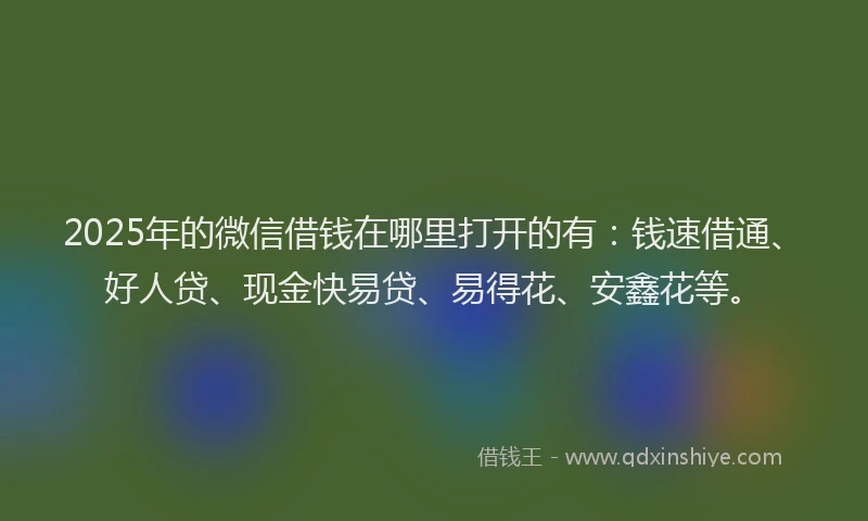 2025年的微信借钱在哪里打开的有：钱速借通、好人贷、现金快易贷、易得花、安鑫花等。