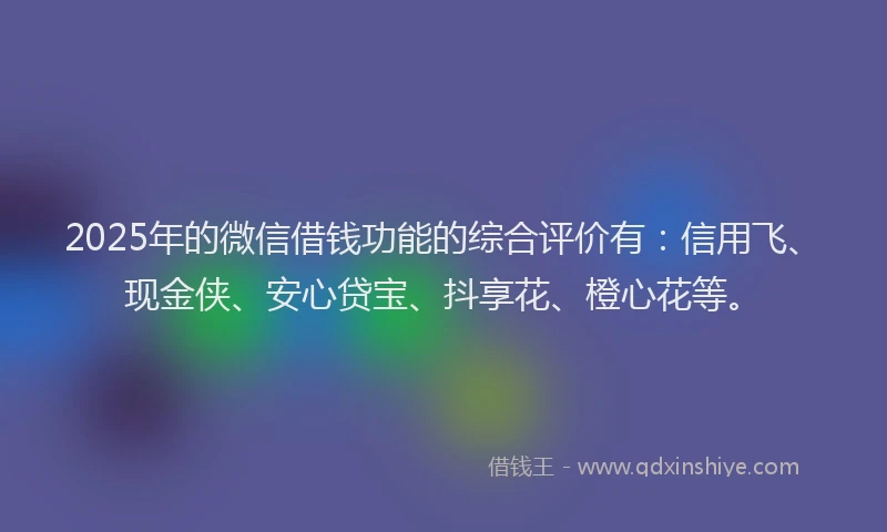 2025年的微信借钱功能的综合评价有：信用飞、现金侠、安心贷宝、抖享花、橙心花等。