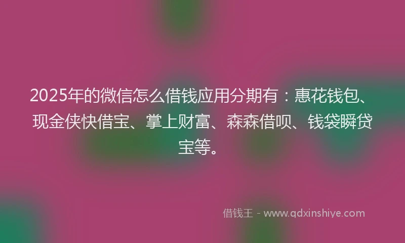 2025年的微信怎么借钱应用分期有：惠花钱包、现金侠快借宝、掌上财富、森森借呗、钱袋瞬贷宝等。