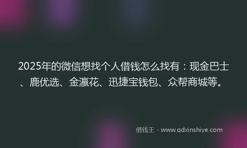 2025年的微信想找个人借钱怎么找有：现金巴士、鹿优选、金瀛花、迅捷宝钱包、众帮商城等。