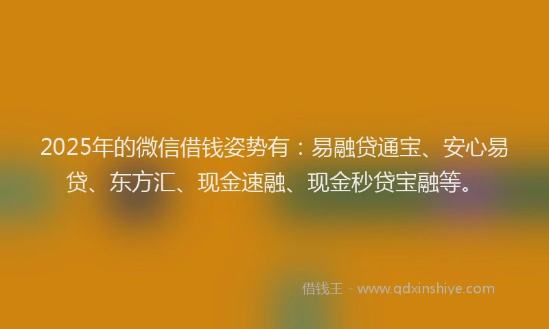 2025年的微信借钱姿势有：易融贷通宝、安心易贷、东方汇、现金速融、现金秒贷宝融等。